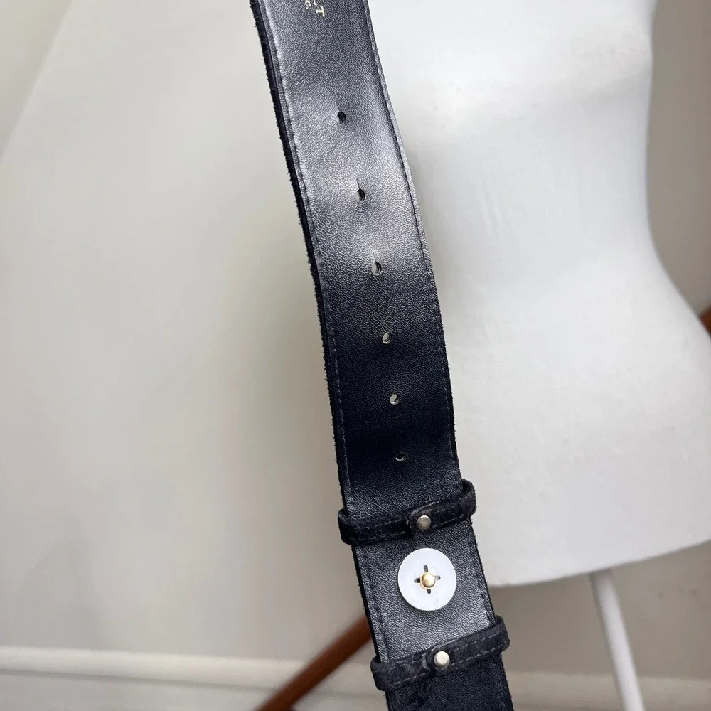 Vintage 80s Statement Belt Black Suede Leather Gold Ornate Buckle Wide Thick